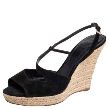 Pre Owned Dior Black Suede Slingback Espadrille Wedge Sandals  Size 41