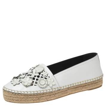 Pre Owned Dior White Laser Cut Floral Embellished Leather Flore Flat Espadrilles Size 37.5 
