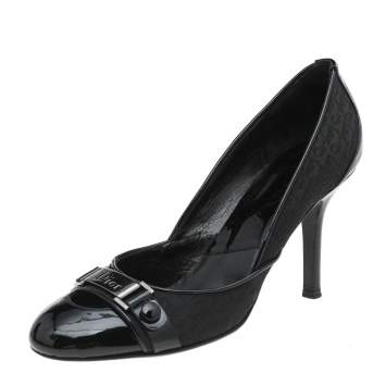Pre Owned Dior Black Oblique Canvas and Patent Leather Round Toe Pumps Size 38.5