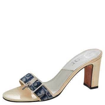 Pre Owned Dior Blue Oblique Denim And Patent Leather Sandals Size 36.5