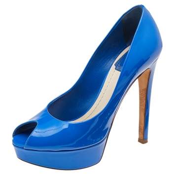 Pre Owned Dior Blue Patent Leather Miss Dior Peep Toe Platform Pumps Size 37