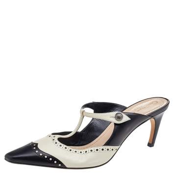 Pre Owned Dior Black/Cream Brogue Leather Pointed Toe Mules Size 39