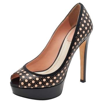 Pre Owned Dior Beige/Black Cannage Cutout Leather Miss Dior Peep Toe Platform Pumps Size 37