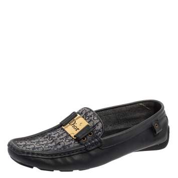 Pre Owned Dior Dark Navy Blue Leather and Monogram Canvas Loafers Size 36 