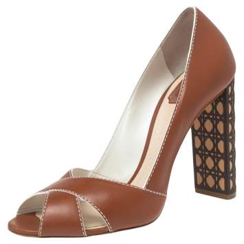 Pre Owned Dior Brown Leather Cannage Heel Peep-Toe Pumps Size 40 