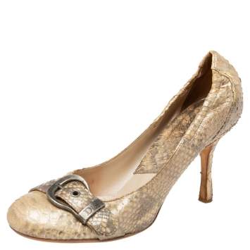 Pre Owned Dior Beige Python Leather Buckle  Round Toe Pumps Size 37