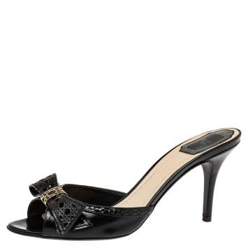 Pre Owned Dior Black Leather Cannage Laser Cut Bow Slide Sandals Size 38.5