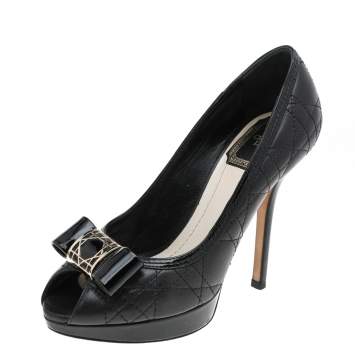Pre Owned Dior Black Cannage Leather And Patent Leather Bow Peep Toe Platform Pumps Size 35
