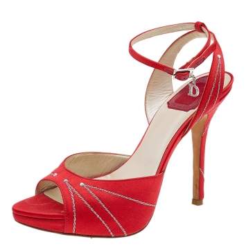 Pre Owned Dior Red Satin Embellished Peep Toe Platform Sandals Size 37.5