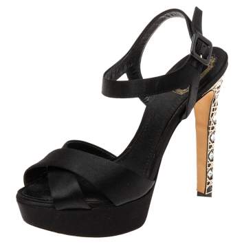 Pre Owned Dior Black Satin Crystal Cannage Heel Platform Sandals Size 38