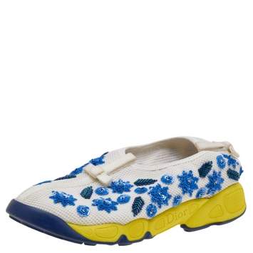 Pre Owned Dior White Mesh Fusion Floral Sequins Embellished Slip On Sneakers Size 37