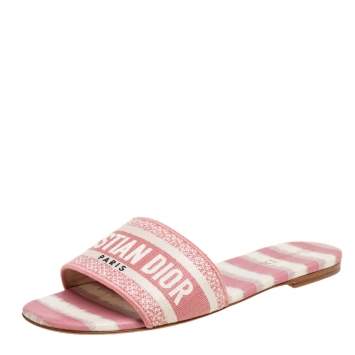 Pre Owned Dior Pink/Cream Embroidered Canvas Dway Flat Slides Size 40