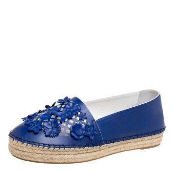 Pre Owned Dior Royal Blue Leather Cut-Out Flower Applique Flat Espadrilles Size 38.5