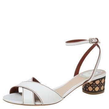 Pre Owned Dior White Leather Cannage Block Heel Ankle Strap Sandals Size 39.5