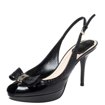 Pre Owned Dior Black Patent Leather Bow Slingback Sandals Size 37