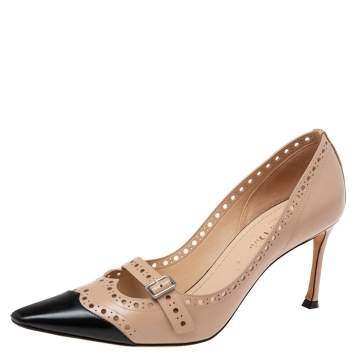Pre Owned Dior Beige/Black Patent Leather Pointed Toe Buckle  Pumps Size 37.5