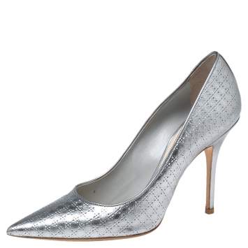 Pre Owned Dior Silver Micro Cannage Leather Cherie Pointed-Toe Pumps Size 37.5