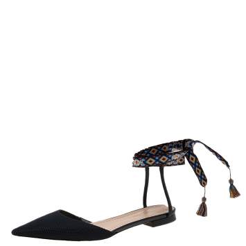 Pre Owned Dior Black Technical Fabric J'adior Ankle Wrap Flats Size 38.5