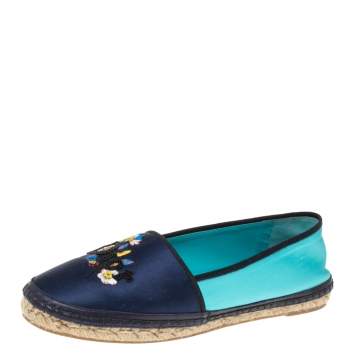 Pre Owned Dior Two-Tone Satin Embroidered Flat Espadrilles Size 39.5