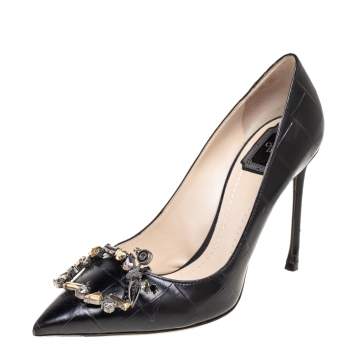 Pre Owned Dior Black Croc Embossed Leather Embellished Pointed Toe Pumps Size 39.5