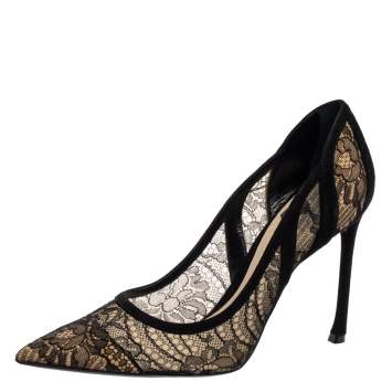 Pre Owned Dior Black Net And Suede Pointed Toe Pumps Size 38.5