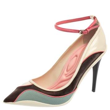 Pre Owned Dior Multicolor Mesh And Leather Pointed Toe Ankle Strap Pumps Size 37