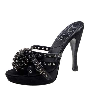 Pre Owned Dior Black Perforated Suede And Python Embellished Platform Slide Sandals Size 37