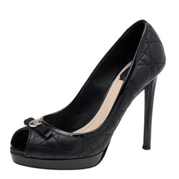 Pre Owned Dior Black Cannage Leather Bow Peep Toe Platform Pumps Size 37.5