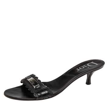 Pre Owned Dior Black Leather Logo Slide Sandals Size 39.5