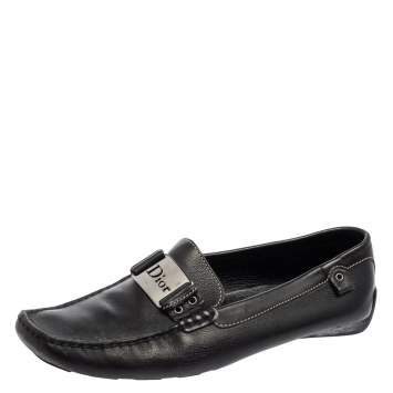 Pre Owned Dior Black Leather Logo Buckle Loafers Size 39.5
