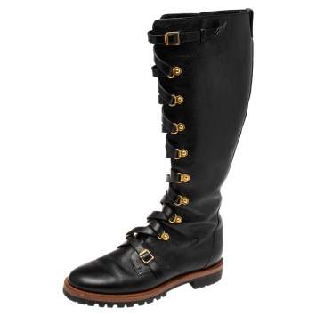 Pre Owned Dior Black Leather Wildior Knee Length Combat Boots Size 40