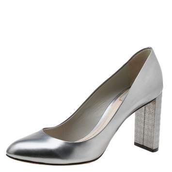 Pre Owned Dior Metallic Silver Leather Cannage Block Heel Pumps Size 38