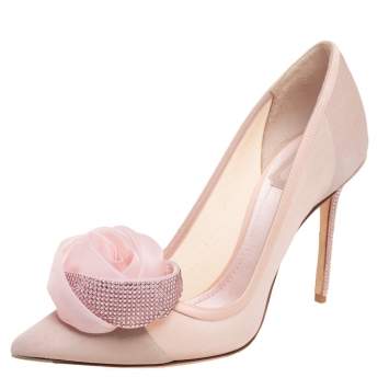 Pre Owned Dior Pink Net and Leather Flower Crystal Embellished Pointed Toe Pumps  Size 38
