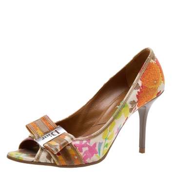 Pre Owned Dior Multicolor Floral Print Fabric Embellished Peep Toe Pumps Size 37.5