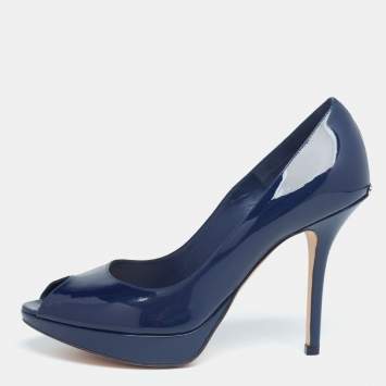 Pre Owned Dior Navy Blue Patent Leather Miss Dior Peep-Toe Pumps Size 37