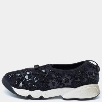 Pre Owned Dior Black Embellished Mesh Fusion Slip-On Sneakers Size 37