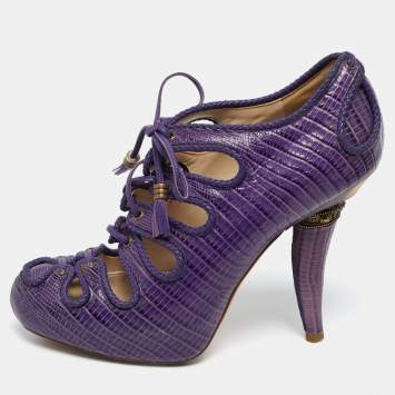 Pre Owned Dior Purple Lizard Embossed Leather Cut-Out Lace-Up Ankle Booties Size 38