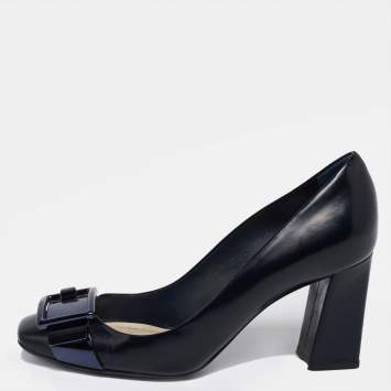 Pre Owned Dior Navy Blue Leather Buckle Detail Block Heel Pumps Size 38