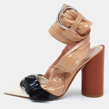 Pre Owned Dior Tri-Color Patent Leather Conquest Buckle Ankle Wrap Pumps Size 36.5