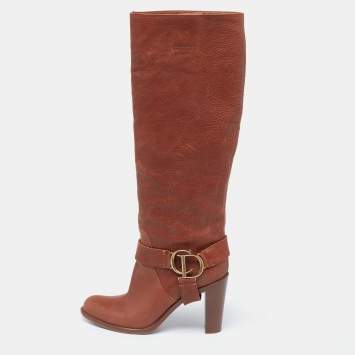 Pre Owned Dior Brown Leather CD Logo Knee Length Boots Size 38