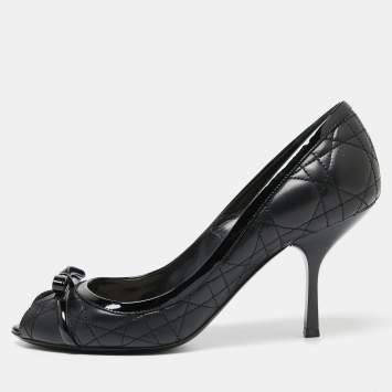 Pre Owned Dior Black Quilted Cannage Leather And Patent  Bow Detail Peep Toe Pumps Size 39.5