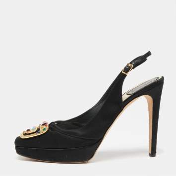 مملوكة مسبقًا Dior Black Satin Crystal Embellished Buckle Slingback Pumps Size 39