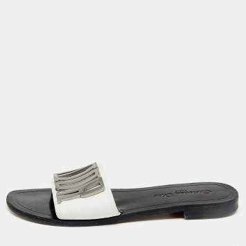Pre Owned Dior White Leather Revolution Logo Flat Slides Size 39