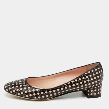 Pre Owned Dior Black/Beige Cannage Cutout Leather Block Heel Pumps Size 39.5