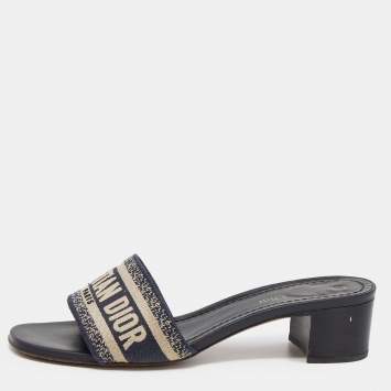 Pre Owned Dior Navy Blue Embroidered Canvas Dway Slide Sandals Size 39