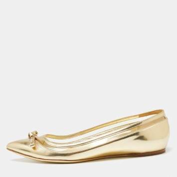 Pre Owned Dior Gold Leather Bow Ballet Flats Size 37