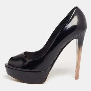 Pre Owned Dior Black Patent Leather Miss Dior Peep-Toe Ombre Lucite Heel Platform Pumps Size 38