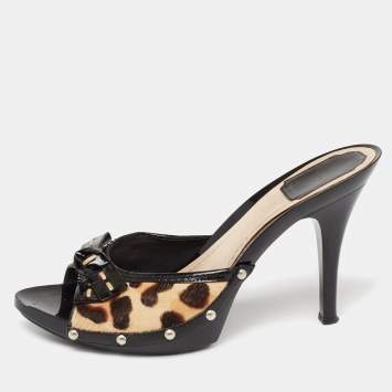 Pre Owned Dior Black/Beige Calf Hair and Patent Leather Slide Sandals Size 39.5