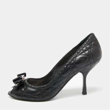 Pre Owned Dior Black Cannage Leather Bow Peep-Toe Pumps Size 37