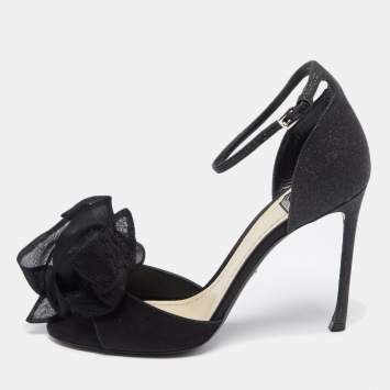 Pre Owned Dior Black Glitter And Satin Flower Detail Ankle Strap Sandals Size 40